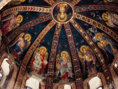 Church of Christ of Chora, (Kariye Camii), Istanbul 11th-12th century, restored 1316. Parakklesion, west bay, dome, detail. The Virgin and Child with images